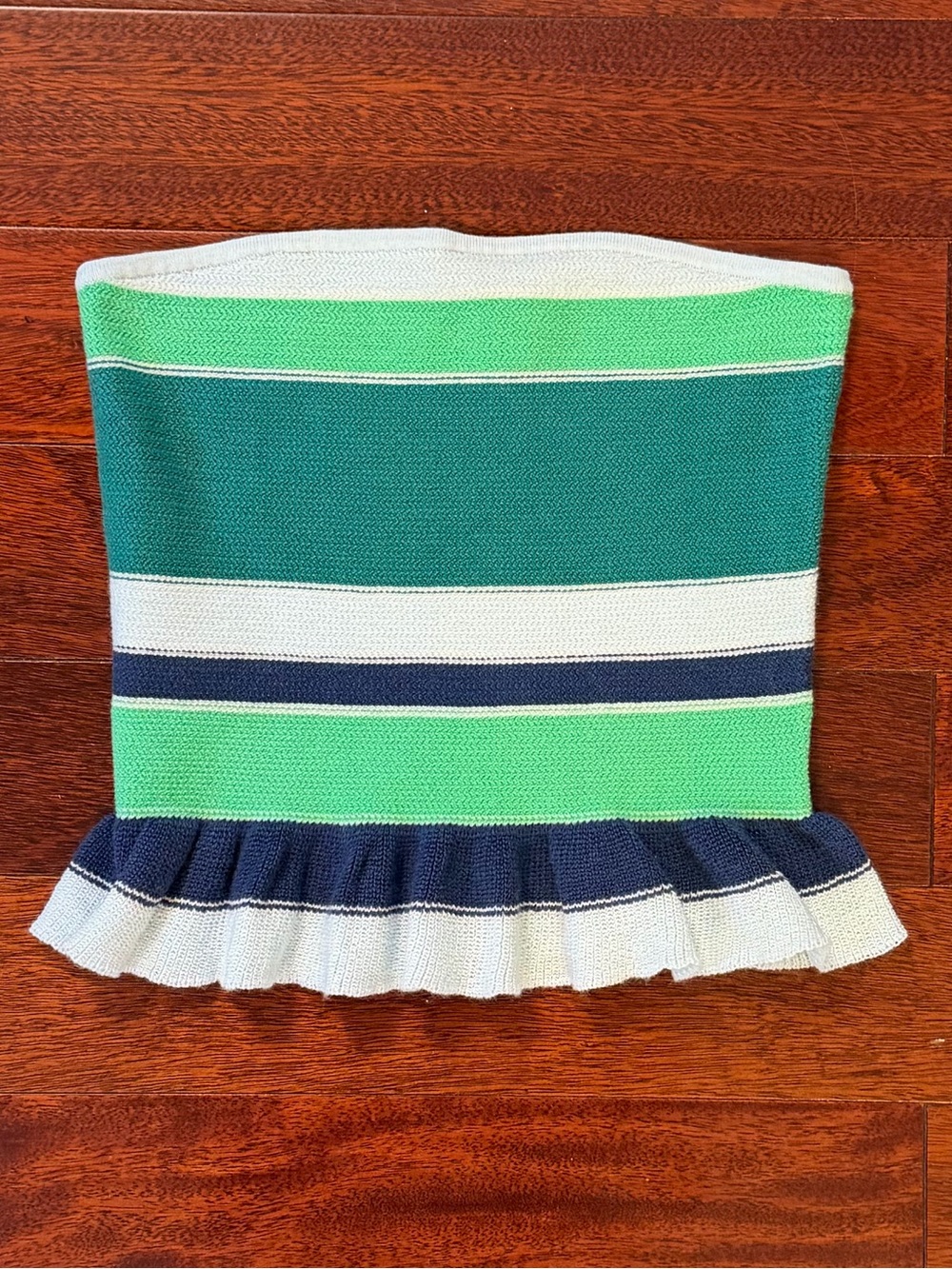 American Eagle M Green Striped Knit Strapless Tube Top Ruffle Hem NWOT